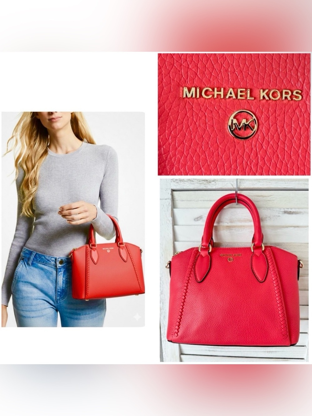 MICHAEL‎ KORS SIENA Pebbled Leather Satchel Bag Leather Coral Dahlia